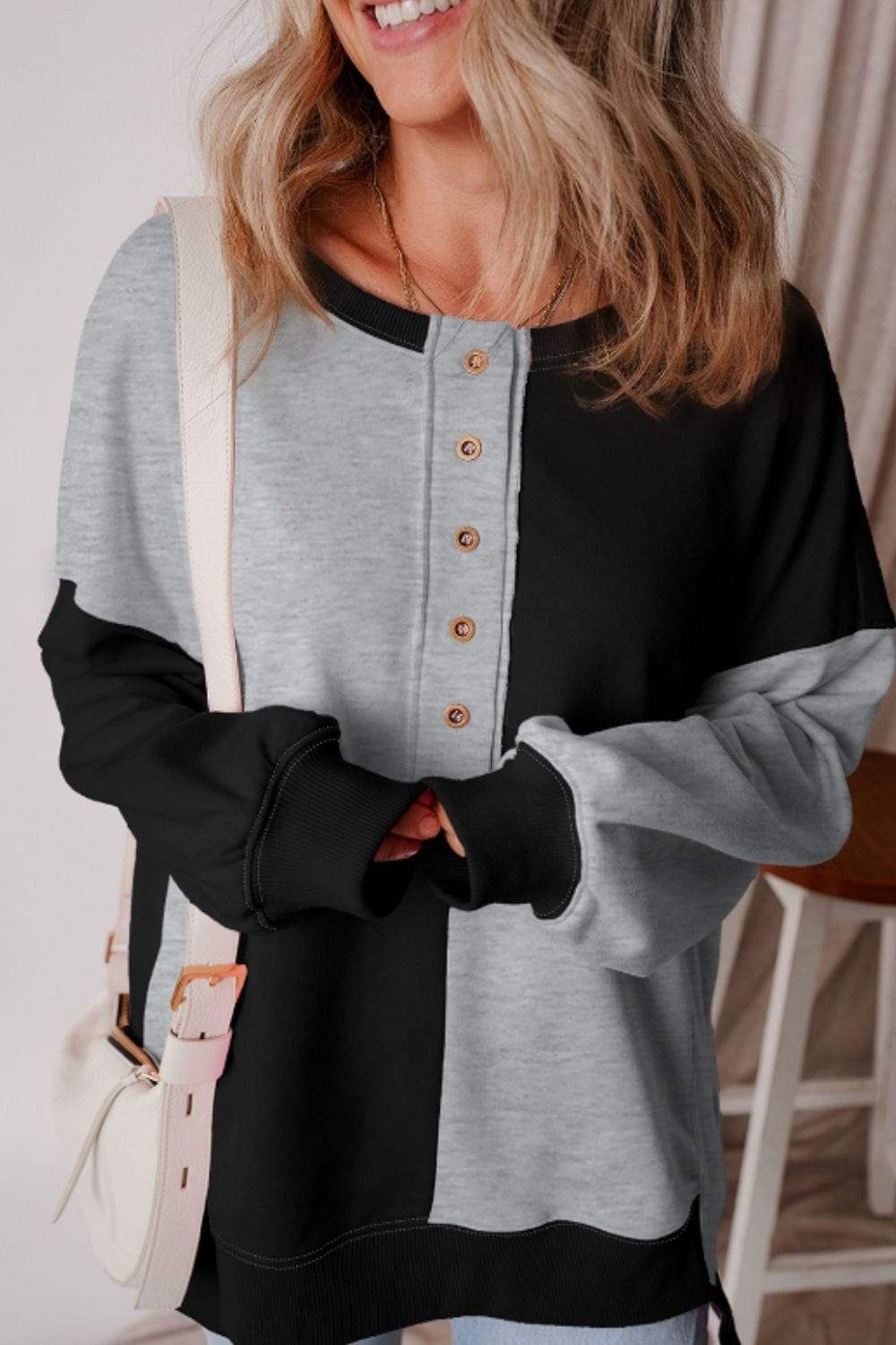 Color Block Half Button Long Sleeve Sweatshirt - Trendsi - Flyclothing LLC