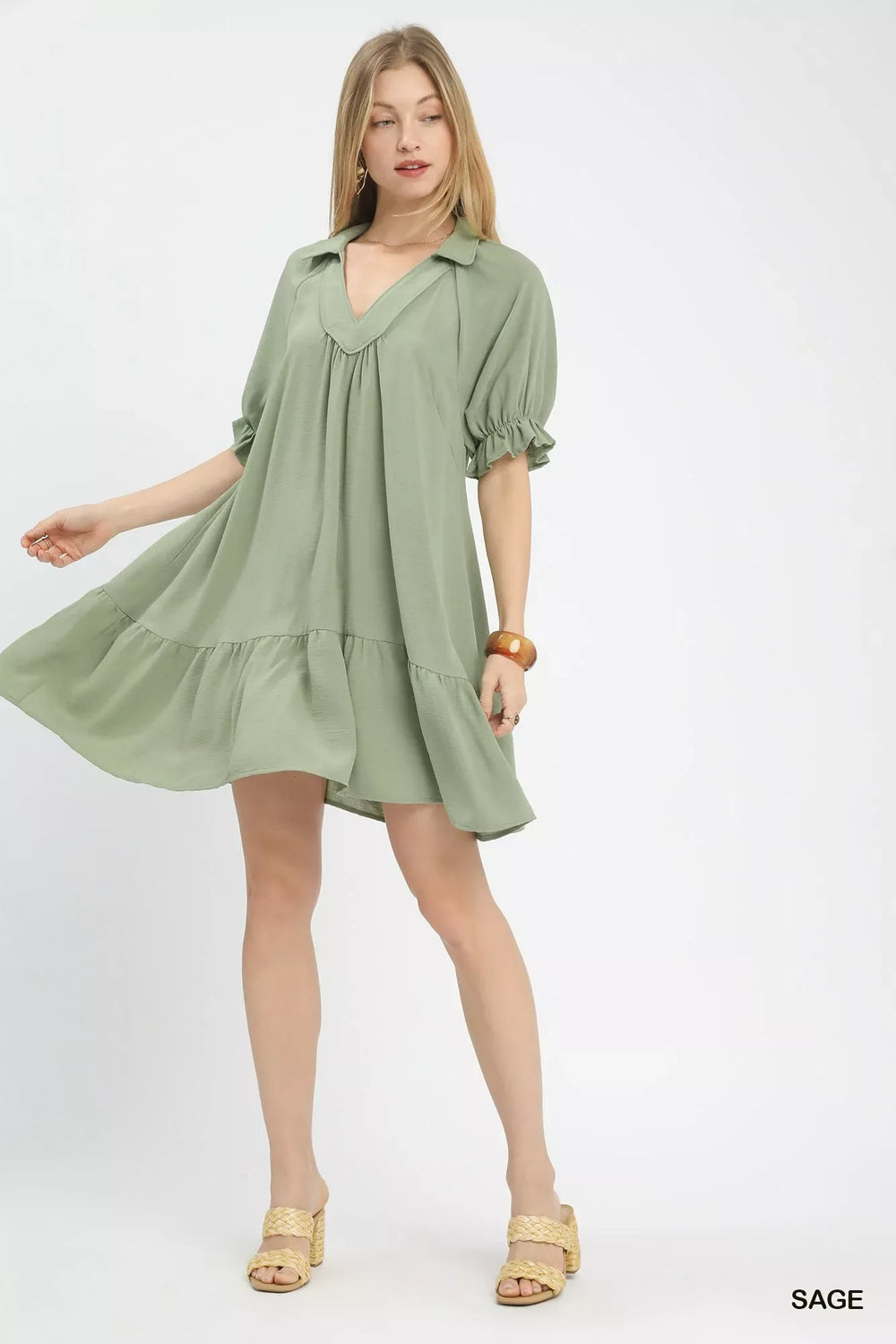 Umgee Tiered Puff Sleeve Babydoll Dress - Trendsi - Flyclothing LLC