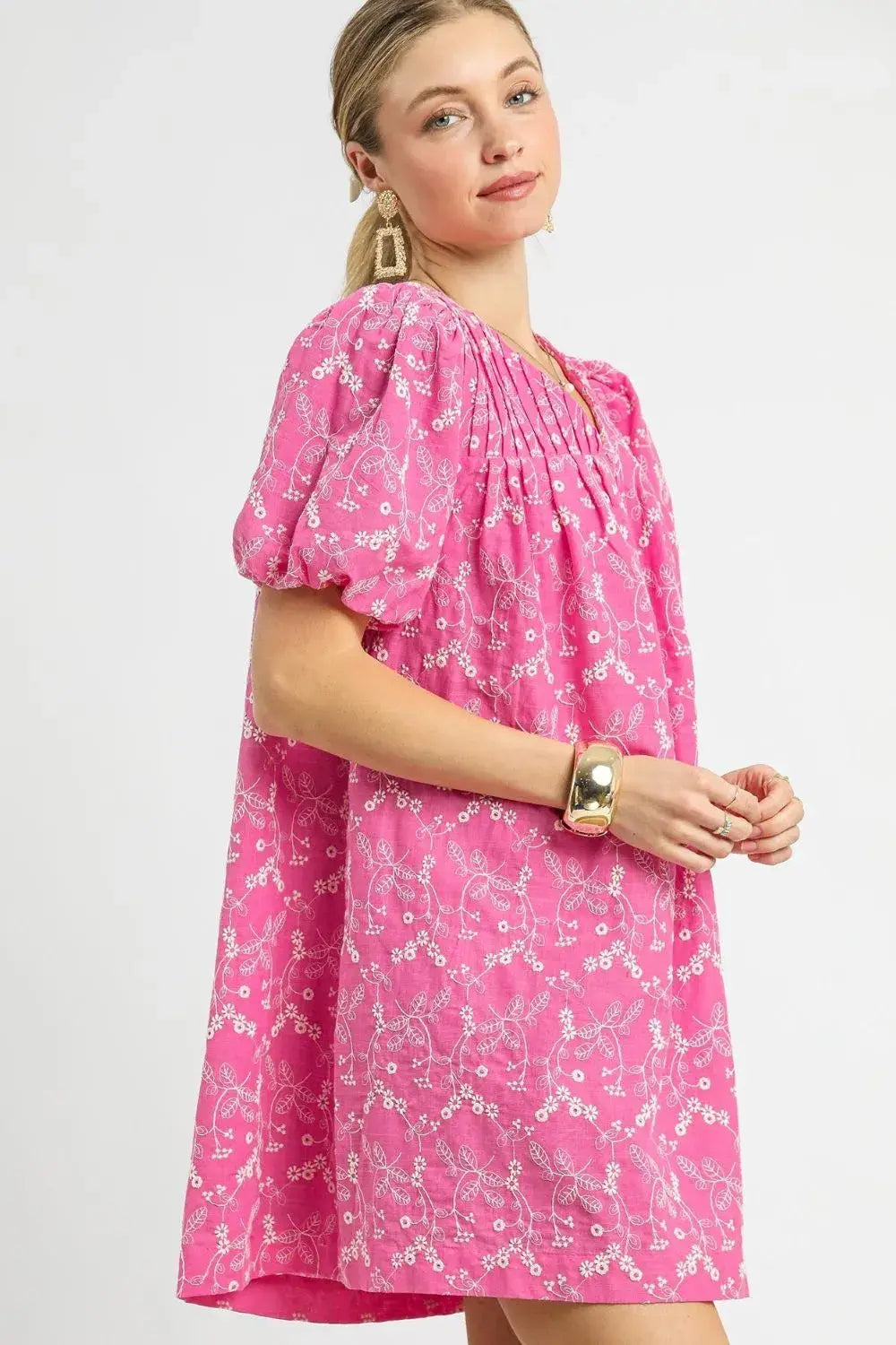 Umgee Floral Puff Sleeve V-Neck Mini Dress - Trendsi - Flyclothing LLC