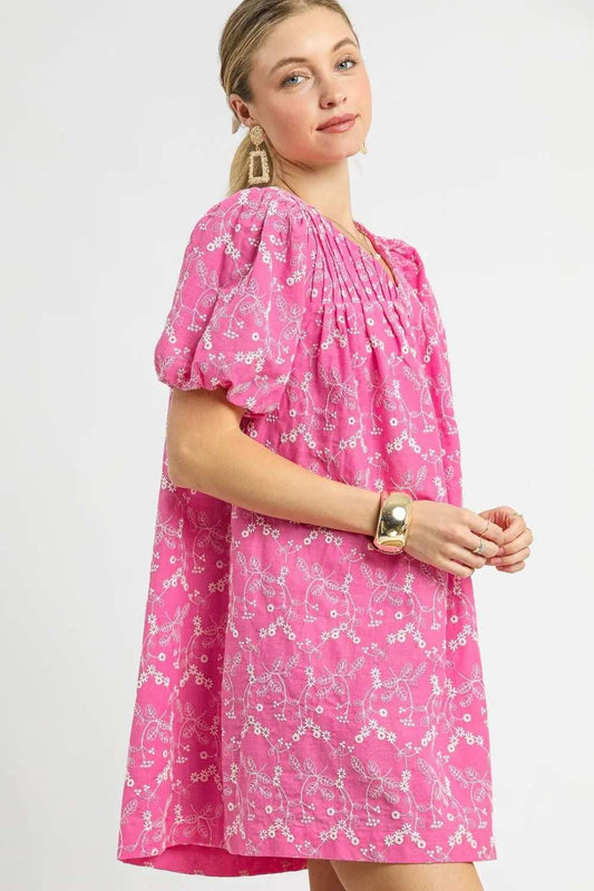 Umgee Floral Puff Sleeve V-Neck Mini Dress - Trendsi - Flyclothing LLC