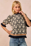 BiBi Textured Rose Knit Top Contrast Banded Puff Sleeve - Trendsi - Flyclothing LLC