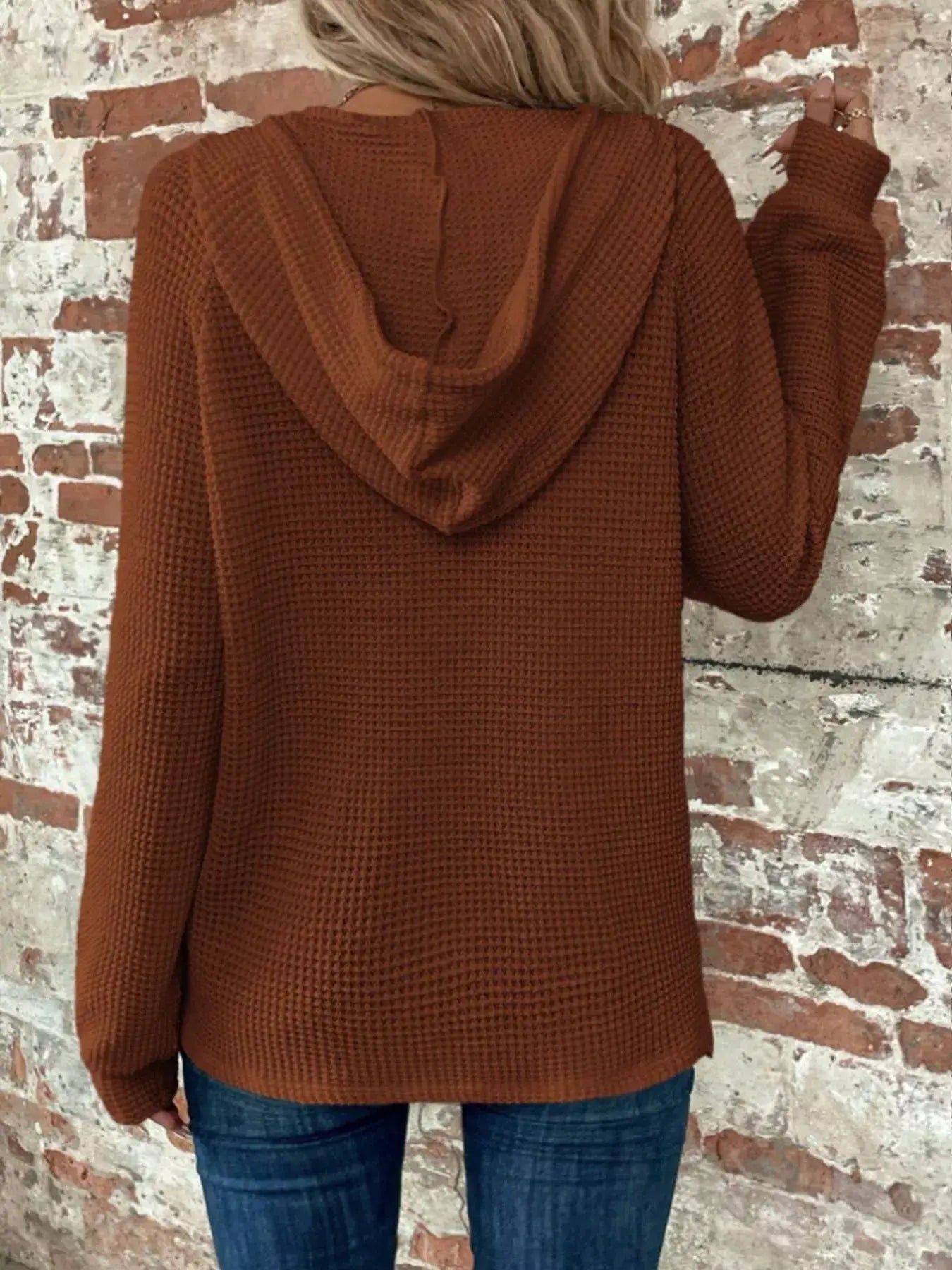 Waffle Knit Button Detail Hoodie - Trendsi - Flyclothing LLC