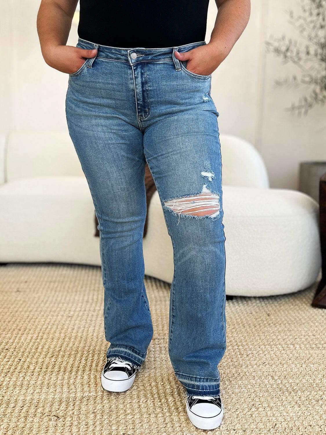 Judy Blue Full Size Mid Rise Destroyed Hem Distressed Jeans - Trendsi - Flyclothing LLC