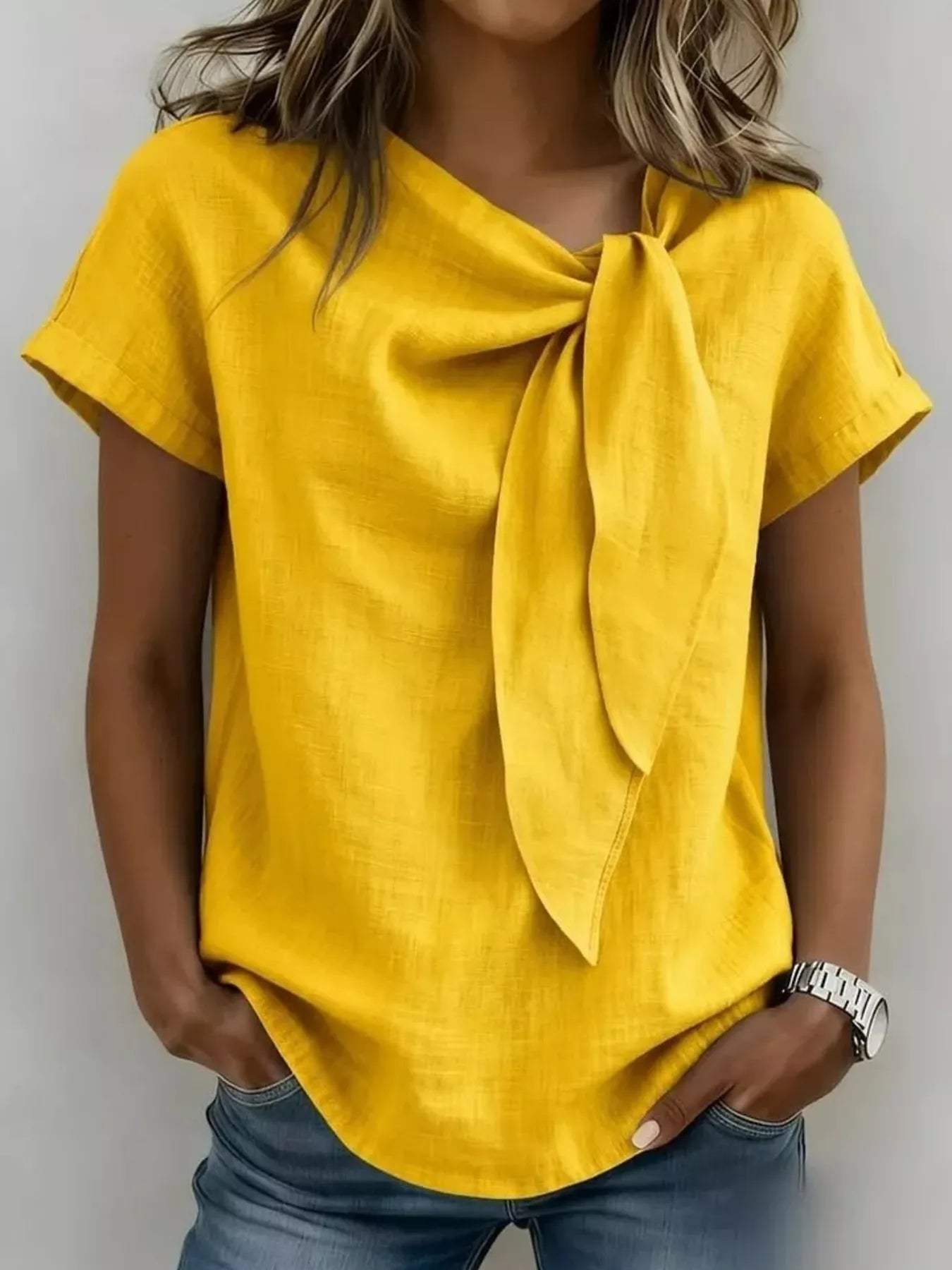 Full Size Bow Tie Neck Short Sleeve Blouse Plus Size - Trendsi - Flyclothing LLC