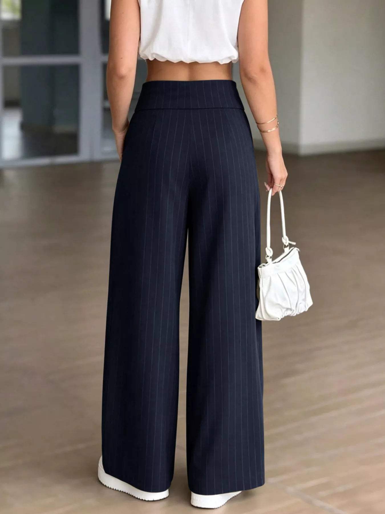 High-Waisted Wide-Leg Pinstripe Pants - Trendsi - Flyclothing LLC