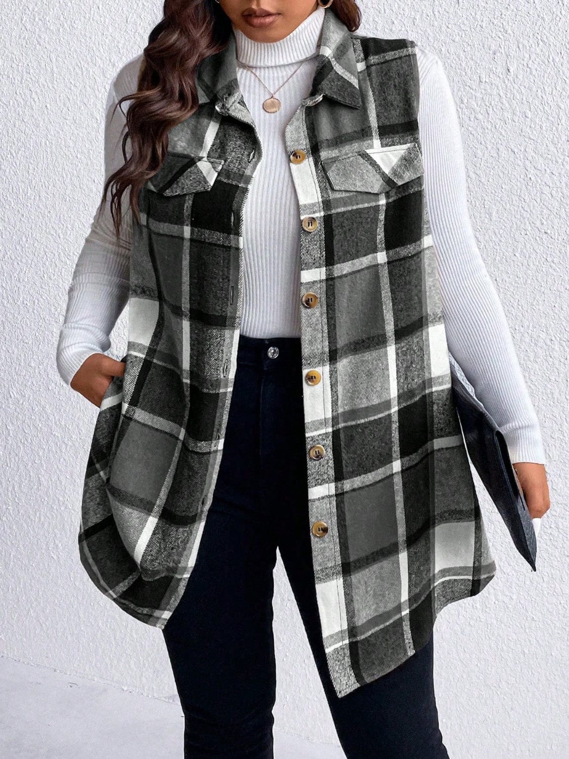 Honey Plus Size Pocketed Plaid Button Up Vest Coat - Trendsi