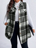 Honey Plus Size Pocketed Plaid Button Up Vest Coat - Trendsi - Flyclothing LLC
