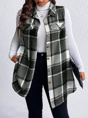 Honey Plus Size Pocketed Plaid Button Up Vest Coat - Trendsi