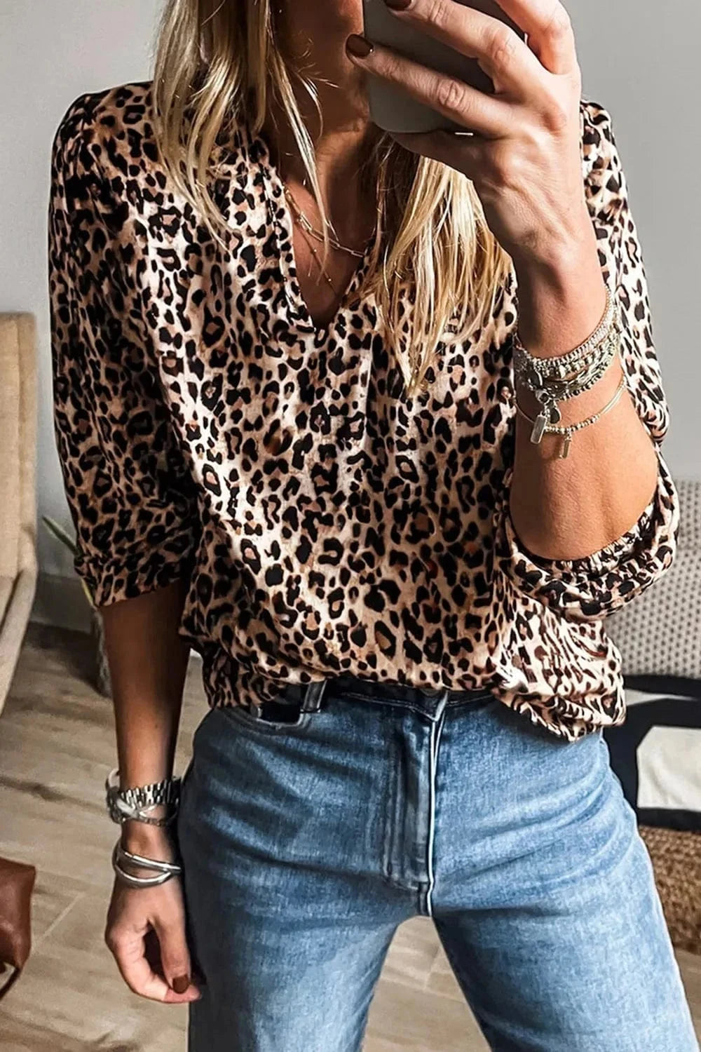 Leopard Notched Half Sleeve Blouse - Trendsi