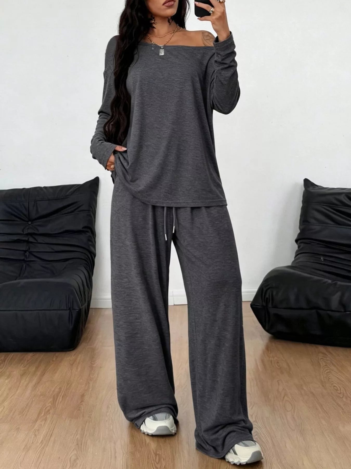 Full Size Comfortable Loose Fit One-Shoulder T-Shirt and Pants Set Plus Size - Trendsi - Flyclothing LLC