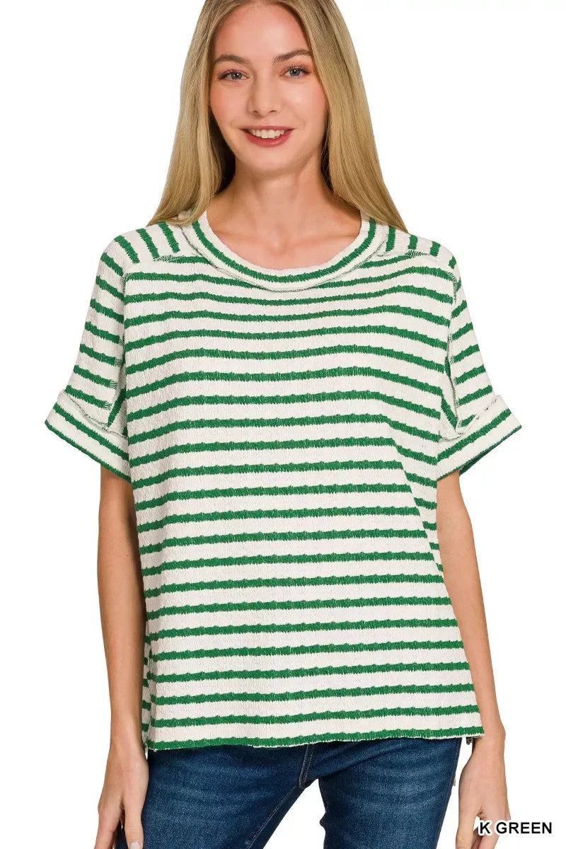 Zenana Stripe Jacquard Round-Meck Tee - Trendsi - Flyclothing LLC