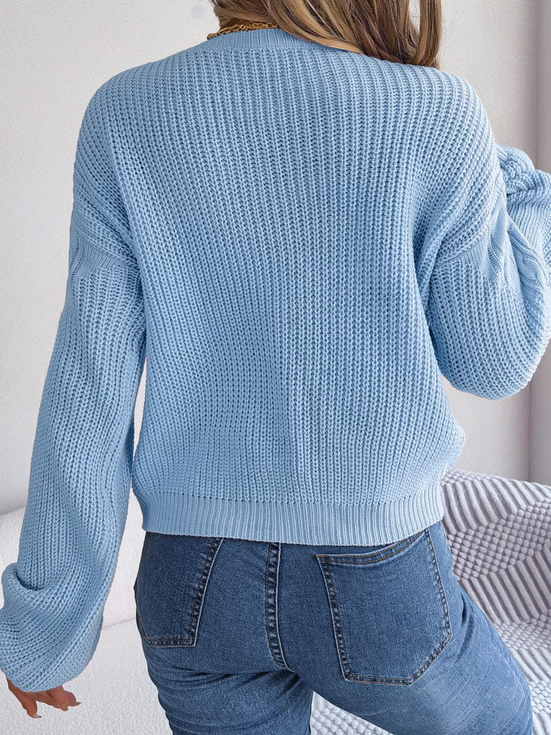 Cable-Knit Round Neck Drop Shoulder Sweater - Trendsi - Flyclothing LLC