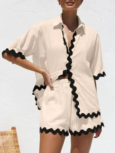 Contrast Trim Half Sleeve Top and Shorts Set - Trendsi - Flyclothing LLC
