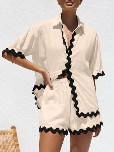 Contrast Trim Half Sleeve Top and Shorts Set - Trendsi