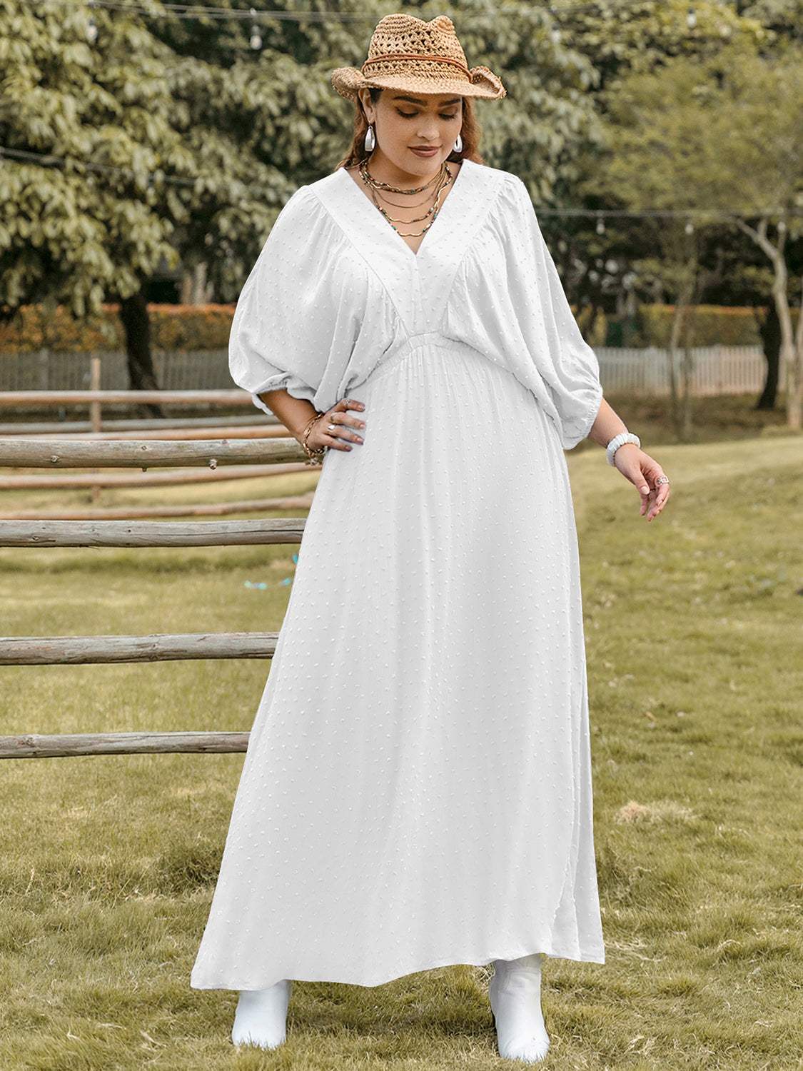 Plus Size Swiss Dot V-Neck Three-Quarter Sleeve Dress - Trendsi - Flyclothing LLC