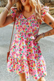 Smocked Floral V-Neck Ruffled Cap Sleeve Dress - Trendsi