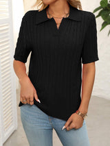 Mandy Cable Knit Johnny Collar Half Sleeve Sweater - Trendsi - Flyclothing LLC