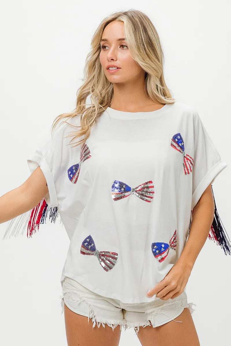 BiBi American Flag Sequin Ribbon T-Shirt - Trendsi - Flyclothing LLC