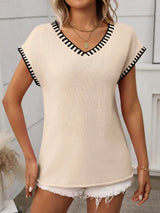 Contrast Trim V-Neck Knit Top - Trendsi - Flyclothing LLC