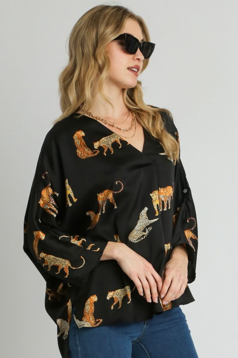 Umgee Full Size High-Low Satin Animal Print V-Neck Blouse Plus Size - Trendsi