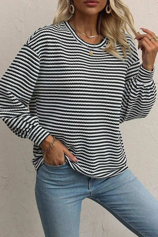 Striped Round Neck Long Sleeve Top - Trendsi - Flyclothing LLC