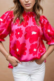 Ruffled Printed Mock Neck Short Sleeve Blouse - Trendsi - Flyclothing LLC