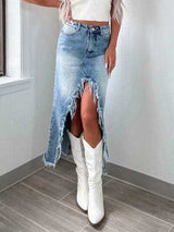 High-Waist Raw Hem Asymmetry Denim Skirt - Trendsi - Flyclothing LLC
