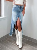 High-Waist Raw Hem Asymmetry Denim Skirt - Trendsi