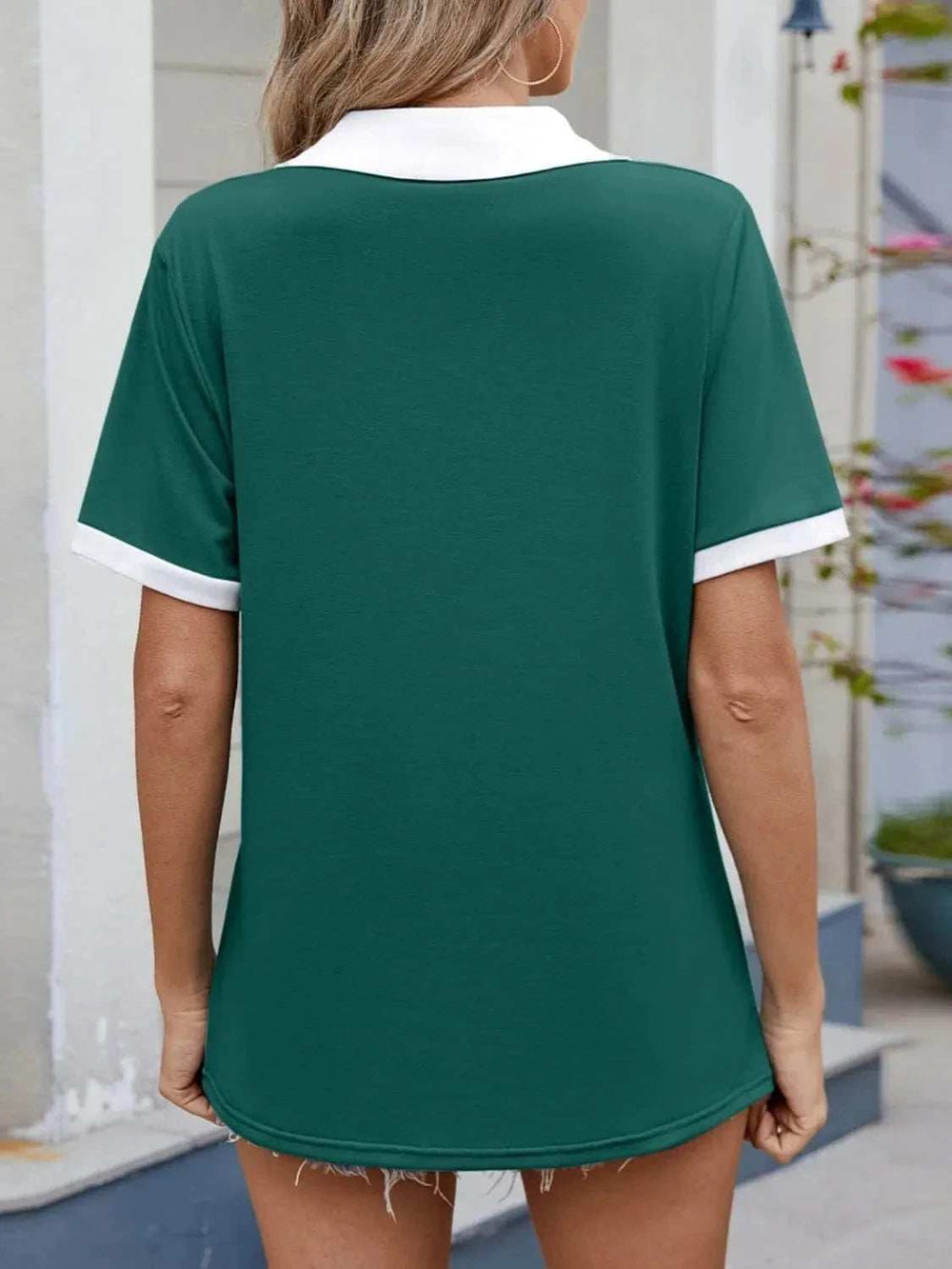 Contrast Trim Collar Short Sleeve Casual T-Shirt - Trendsi - Flyclothing LLC