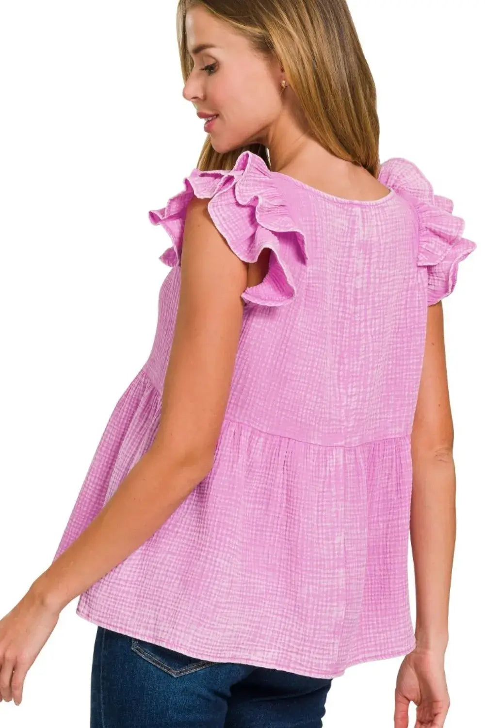 Zenana Double Gauze Acid Washed Tiered Ruffle Peplum Top - Trendsi - Flyclothing LLC