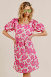 BiBi Printed Square Neck Puff Sleeve Mini Dress - Trendsi