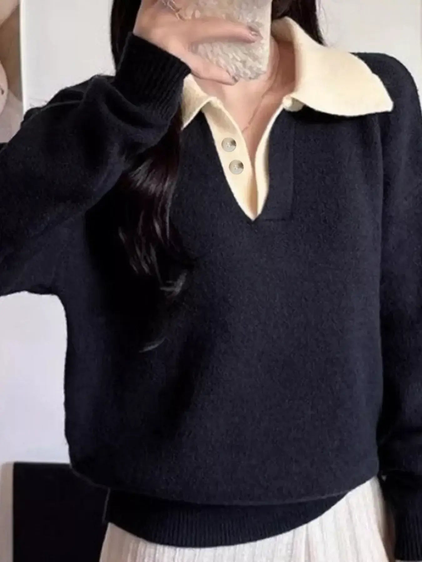 Polo Collar Dropped Shoulder Sweater - Trendsi - Flyclothing LLC