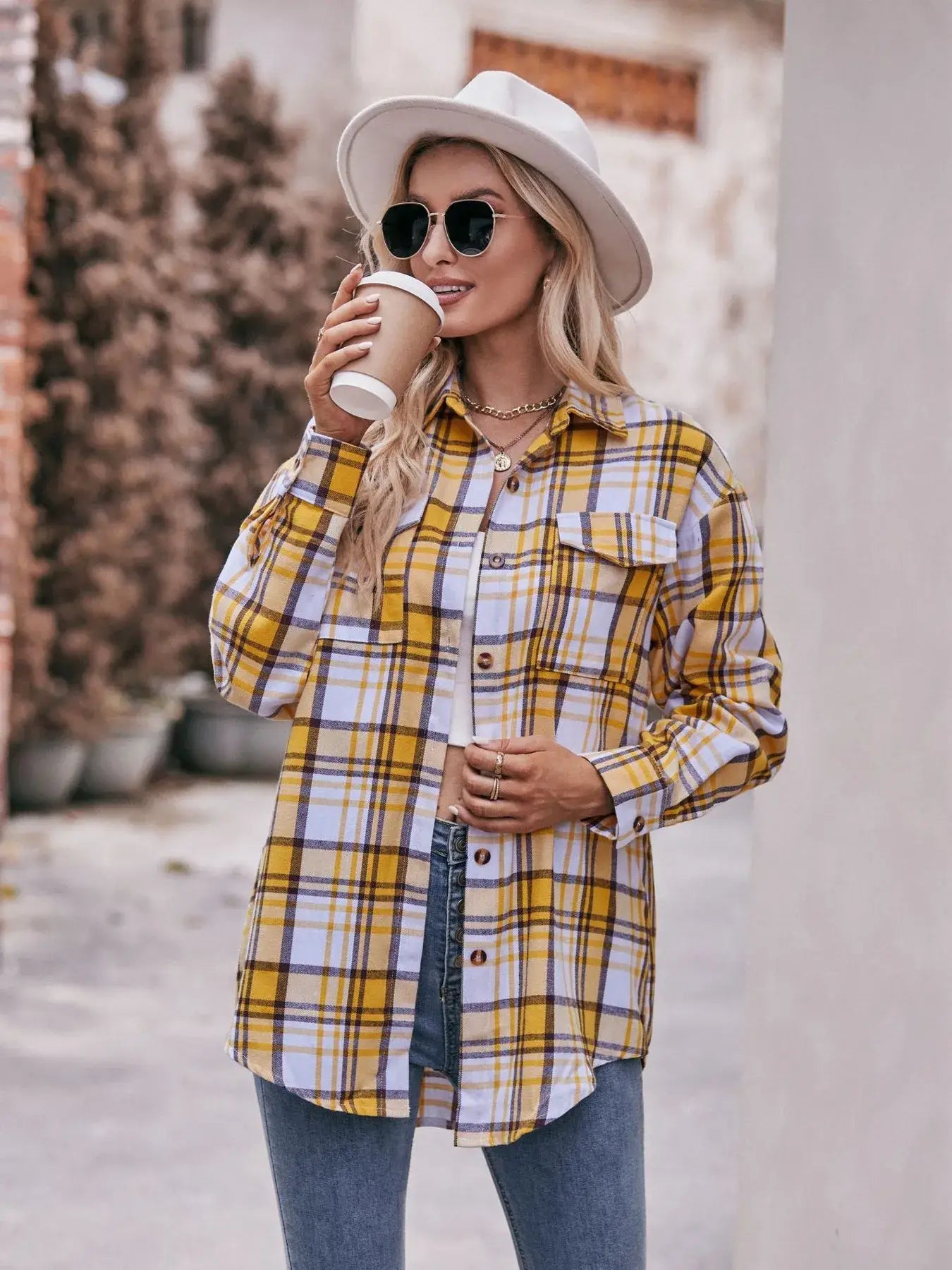 Plaid Button-Down Long Sleeve Shirt - Trendsi - Flyclothing LLC