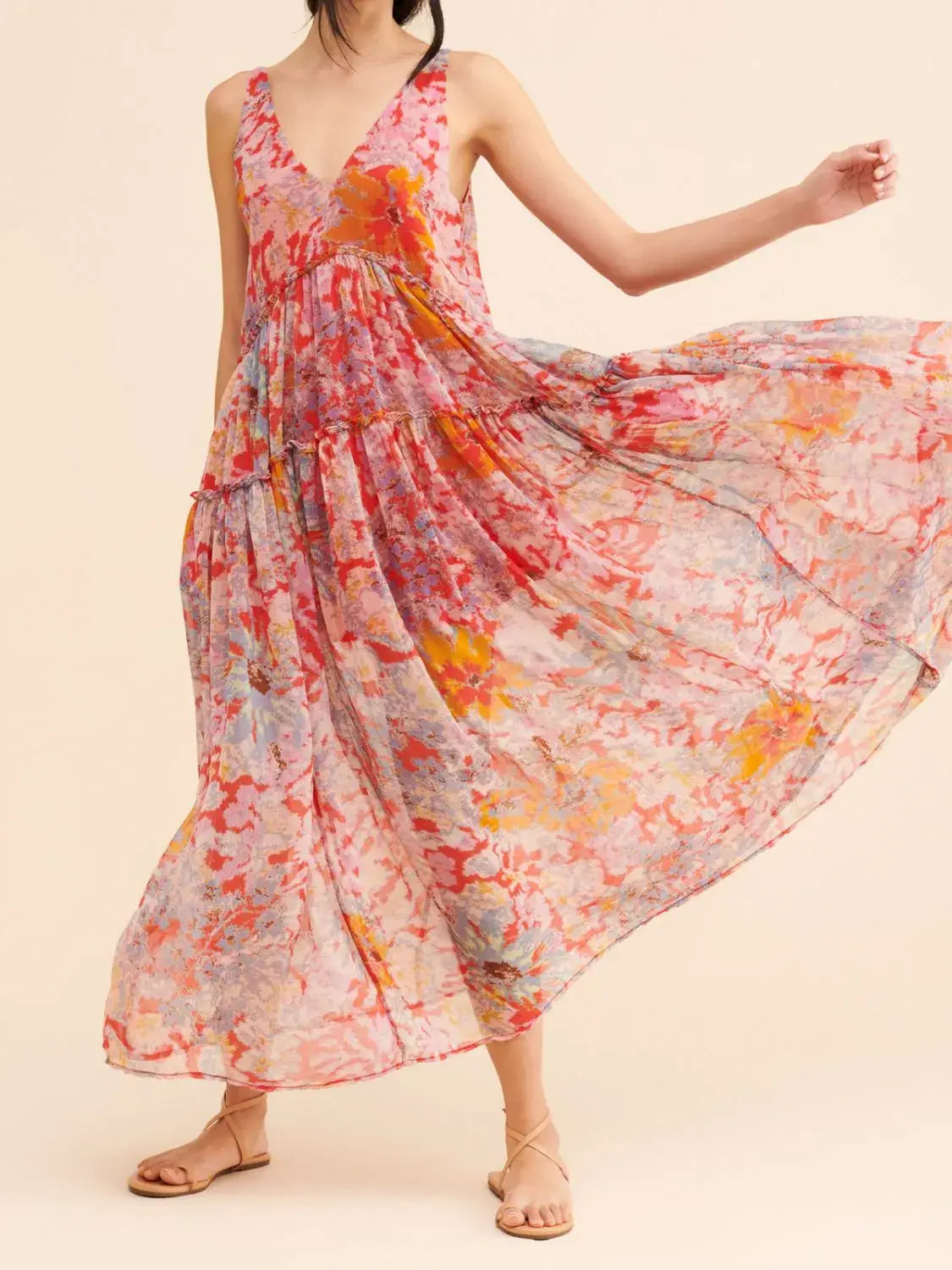 Printed V-Neck Sleeveless Dress - Trendsi - Flyclothing LLC