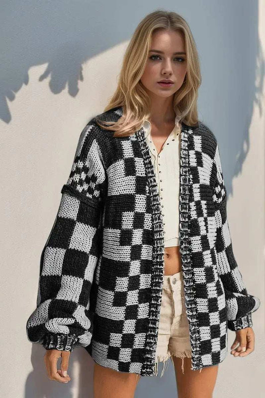 Double Take Full Size Open Front Checkered Drop Shoulder Cardigan - Trendsi - Flyclothing LLC