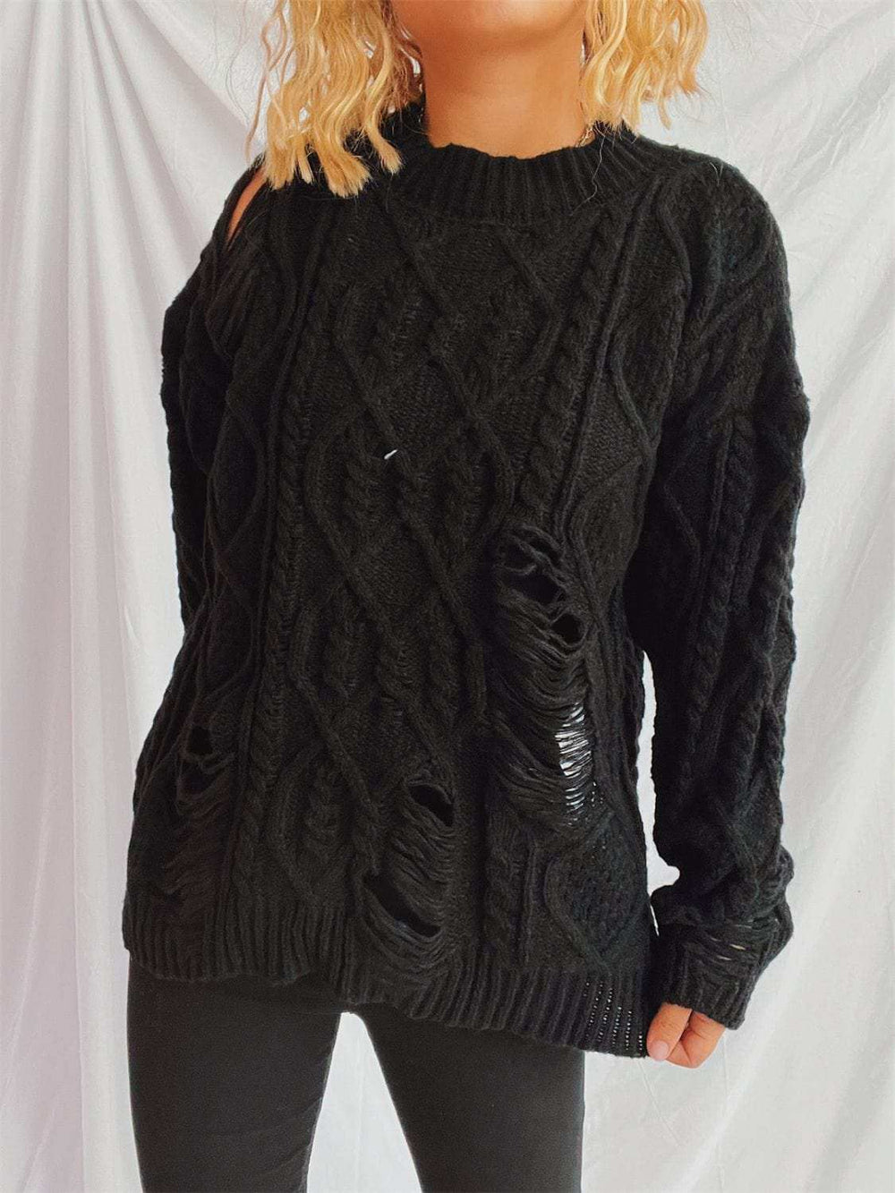 Distressed Cable-Knit Round Neck Long Sleeve Sweater - Trendsi - Flyclothing LLC
