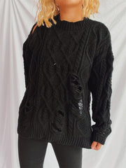 Distressed Cable-Knit Round Neck Long Sleeve Sweater - Trendsi