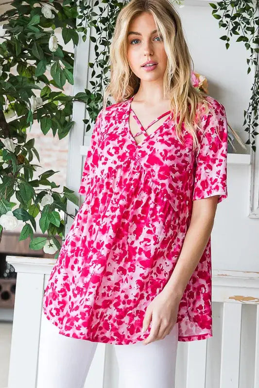Heimish Full Size Short Sleeve Crisscross Animal Babydoll Top Plus Size - Trendsi - Flyclothing LLC