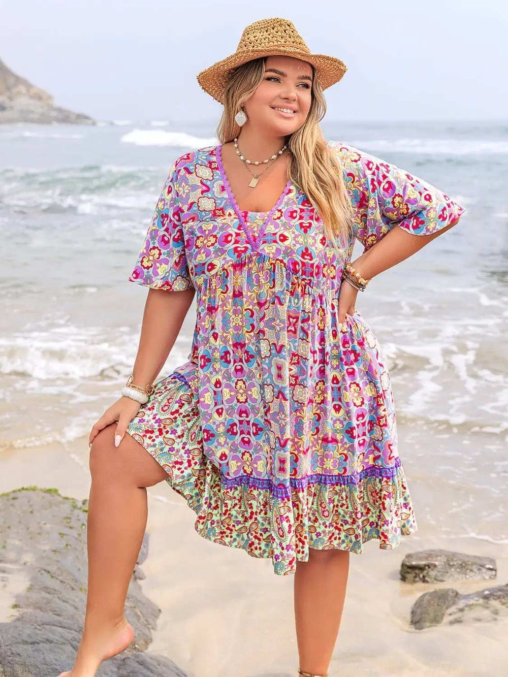 Plus Size Lace Detail Printed Half Sleeve Dress - Trendsi - Flyclothing LLC