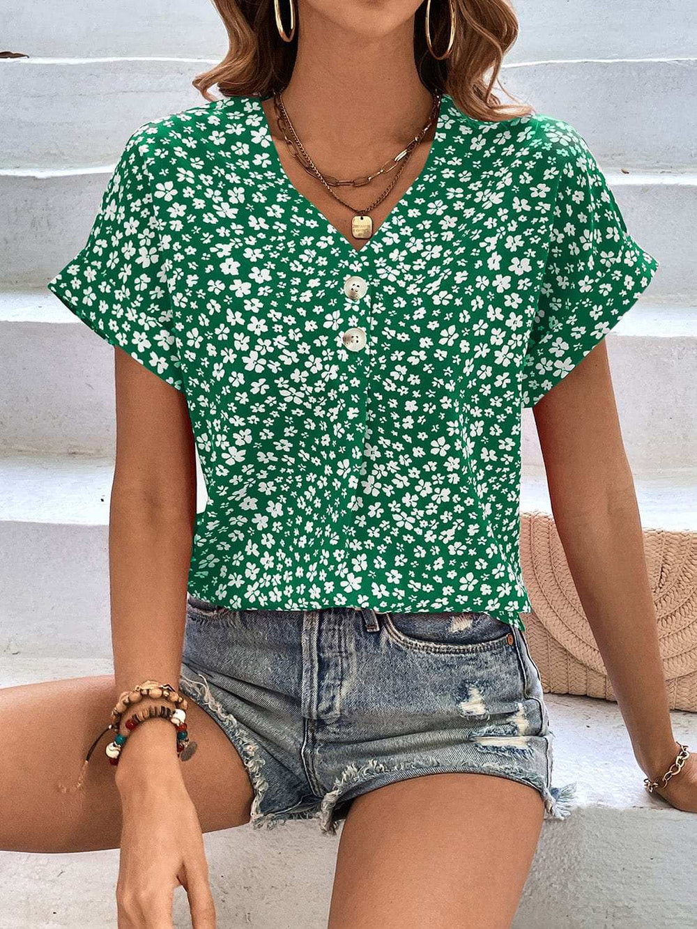 Printed V-Neck Short Sleeve Blouse - Trendsi - Flyclothing LLC
