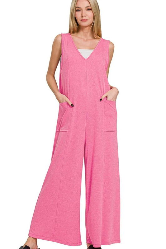 Zenana French Terry Deep V Neck Jumpsuits - Trendsi - Flyclothing LLC