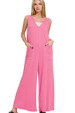 Zenana French Terry Deep V Neck Jumpsuits - Trendsi