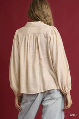 Umgee Long Sleeve Blouse with Leopard Print Trim - Trendsi - Flyclothing LLC