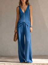 Full Size Zipper Front Tank and Wide-Leg Pants Set Plus Size - Trendsi - Flyclothing LLC