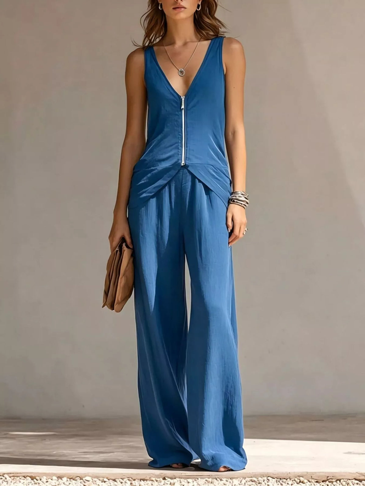Full Size Zipper Front Tank and Wide-Leg Pants Set Plus Size - Trendsi - Flyclothing LLC