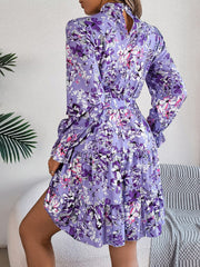 Printed Mock Neck Flounce Sleeve Mini Dress - Trendsi
