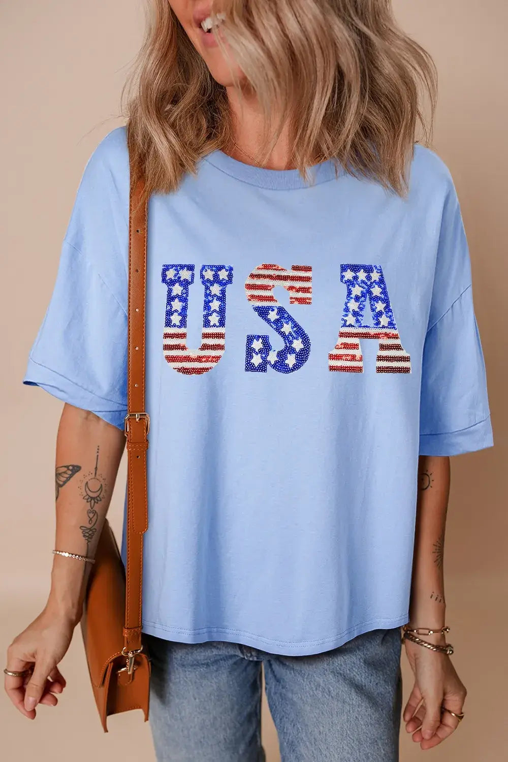 USA Patched Drop Sleeve Crewneck T Shirt - Trendsi - Flyclothing LLC