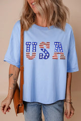 USA Patched Drop Sleeve Crewneck T Shirt - Trendsi - Flyclothing LLC