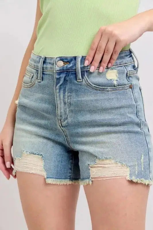 Judy Blue Full Size High Rise Washed Fly Stitch Detail and Destroy Denim Shorts Plus Size - Trendsi