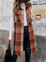 Pocketed Button Up Plaid Vest - Trendsi